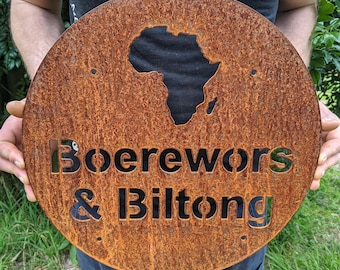 Personalised Corten Steel 'Boerewors & Biltong' Africa Sign - 40 x 40cm - Rustic South African Theme Decor for Home or Business - Gift Idea