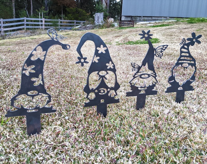 Set of 4 Unique Corten Steel Garden Gnomes – Handcrafted Garden Decor with Butterflies & Flowers on Hats – Perfect Birthday Gift Idea