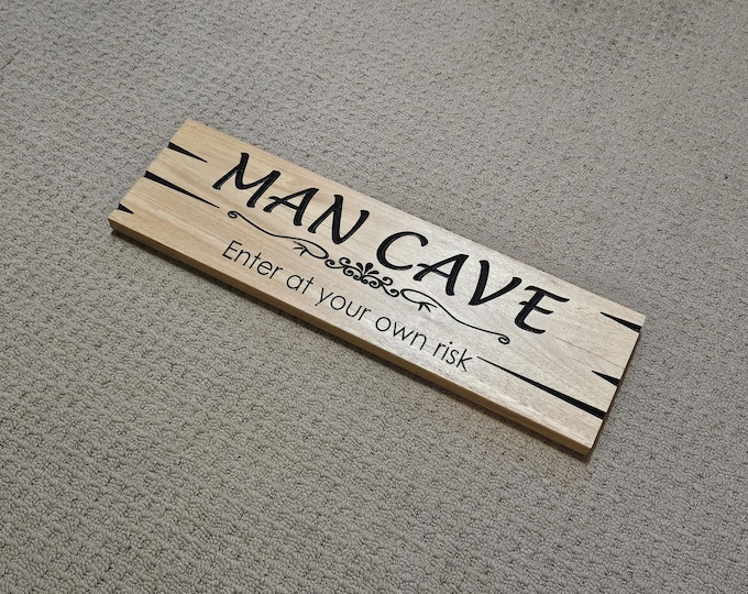 Wood man cave sign made from hard timber with carved in letters, Clearance item made in Australia ( No. 3 )