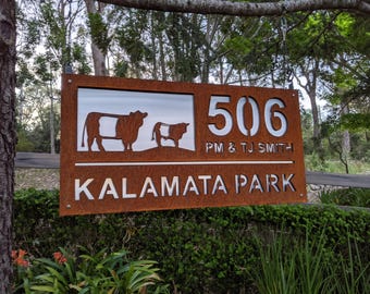 Custom Corten Steel Cow Sign with Street Number and Property Name 50 x 100cm Rustic Farm or Country Style Address Plaque, Personalised metal