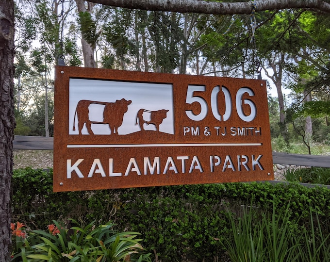Custom Corten Steel Cow Sign with Street Number and Property Name 50 x 100cm Rustic Farm or Country Style Address Plaque, Personalised metal