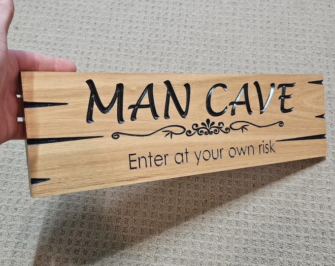 Hardwood man cave sign made from hard timber with carved in letters, Clearance item made in Australia ( No. 5 )