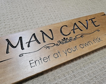 Timber man cave sign made from hard wood with carved in letters, Clearance item made in Australia ( No. 1 )