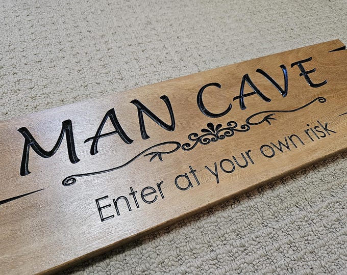 Timber man cave sign made from hard wood with carved in letters, Clearance item made in Australia ( No. 1 )