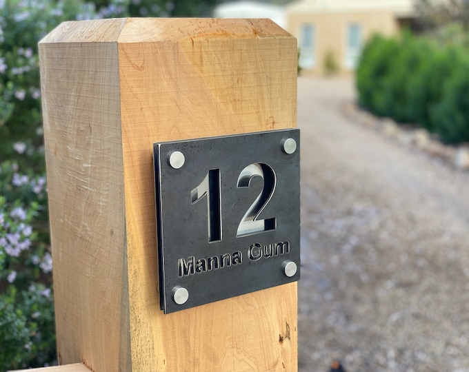 Small metal house number sign 25 x 25cm made from rusted metal for front gate or front door. Rustic house warming gift Corten steel Discount