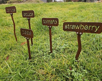Metal Garden Stakes customise these with your words made from Corten steel, Veggie garden stakes, garden art gift idea, house number