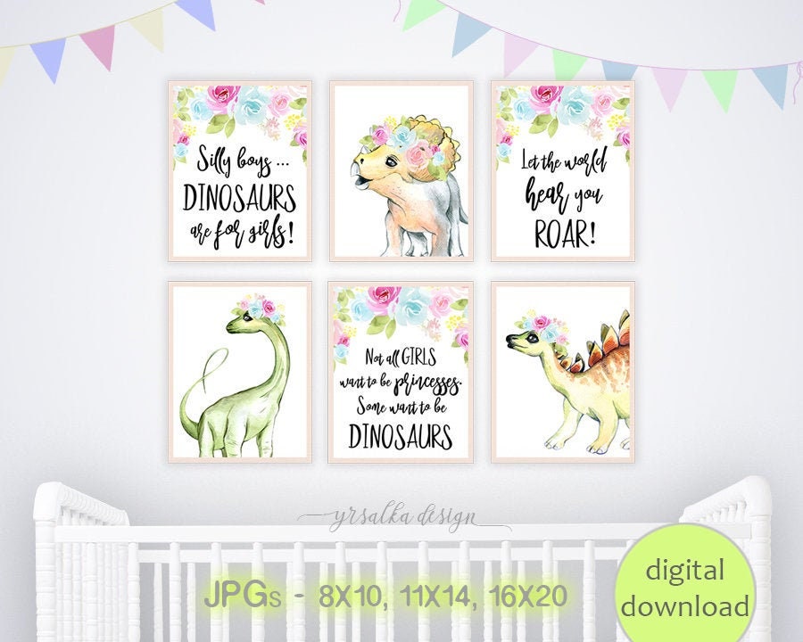 Dinosaur nursery girl wall art Girl dino print set 6 Cute Etsy