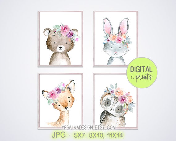 Floral Crown Wild Woodland Creatures, Nursery Forest Friends, Watercolor Decor, Boho Girl Room, Wall Art Animals, Printable Kids Room Art