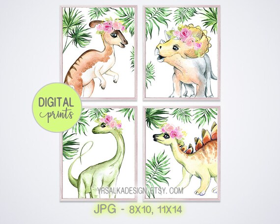 Nursery wall art, Dinosaurs prints, Tropical Baby dino girl decor, Pink Blush floral, Crown animal prints, 5x7 8x10 11x14 Printable art