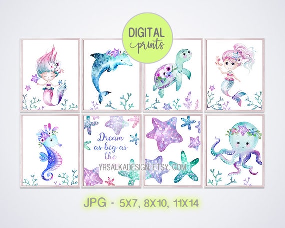 Mermaid Nursery Decor, DIGITAL Mermaid Wall Art, Dolphin Print, Seahorse Art, Watercolor Nautical Girl Room, PRINTABLE set 8, 5x7 8x10 11x14