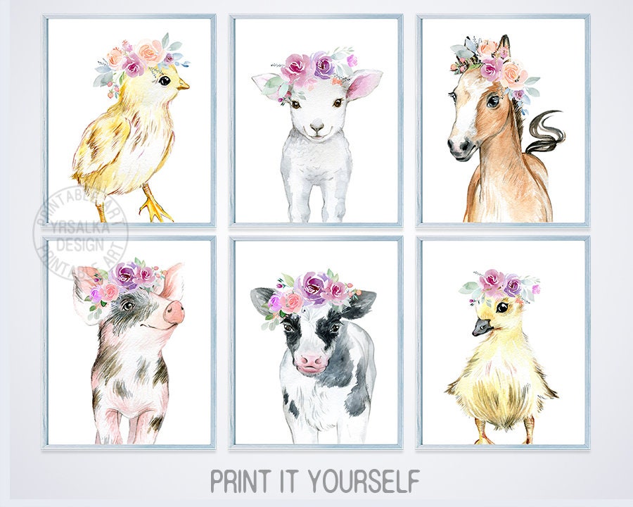 Baby Farm Animal Prints set 4 Floral Farmhouse Girl Nursery Etsy