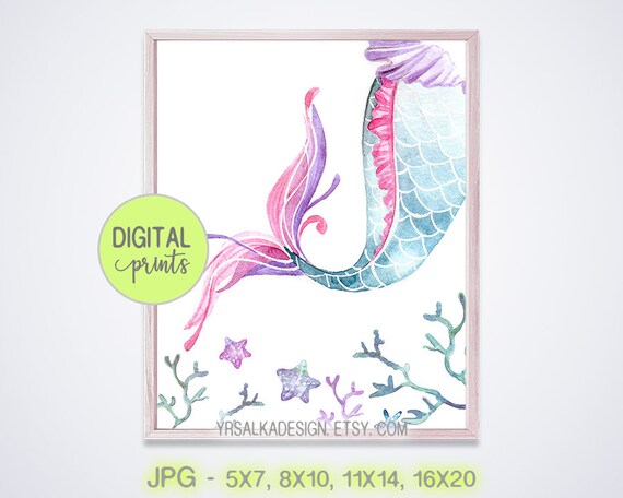 Mermaid Tail Wall Art, Kids Bathroom Decor, Mermaid Nursery Decor, Under The Sea, Watercolor prints