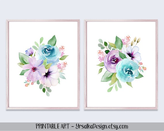 Aqua Purple Wall Art For Girls Nursery Watercolor Flower Prints Floral Nursery Print Set Of 2 Teal Nursery Decor Toddler Girl Bedroom