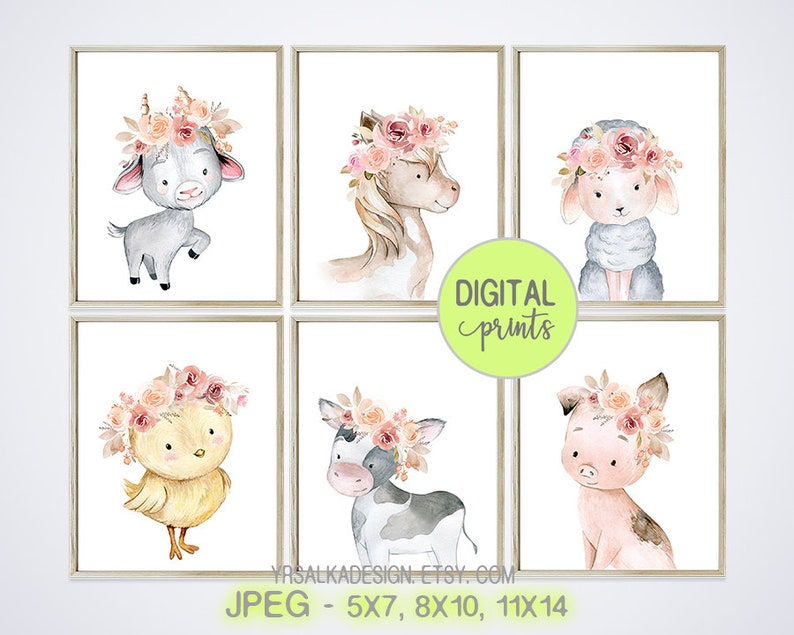 Girl Wall Art Nursery Decor Farm Animal Prints Farmhouse Fl Cow Crown Baby Animals Printable 5x7 8x10 11x14