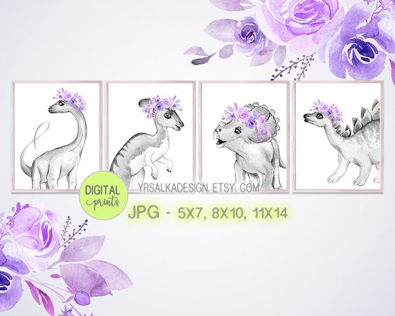Dinosaurs nursery decor, Purple wall art, little dino prints, Dinosaur theme nursery, Girly babies dinosaurs 5x7 8x10 11x14 Printable art