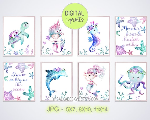 Mermaid Nursery Decor, Mermaid Wall Art, Dolphin Print, Seahorse Art, Watercolor prints, Nautical Girl Room, Under the sea, Printable set 8