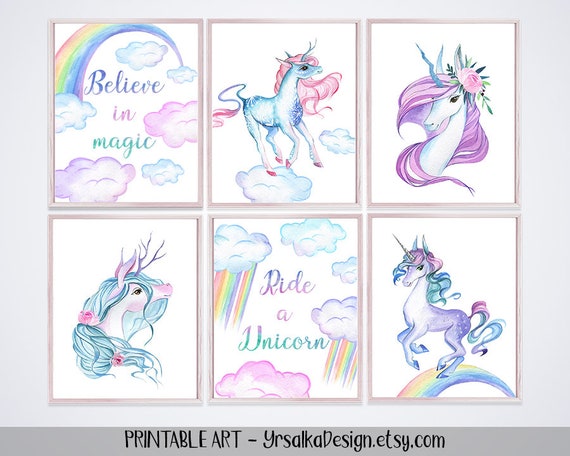 Unicorn Nursery Decor Rainbow Girl Room Wall Art Watercolor Unicorn Pastel Nursery Print Set 6 1st birthday Baby Shower Printable Toddler