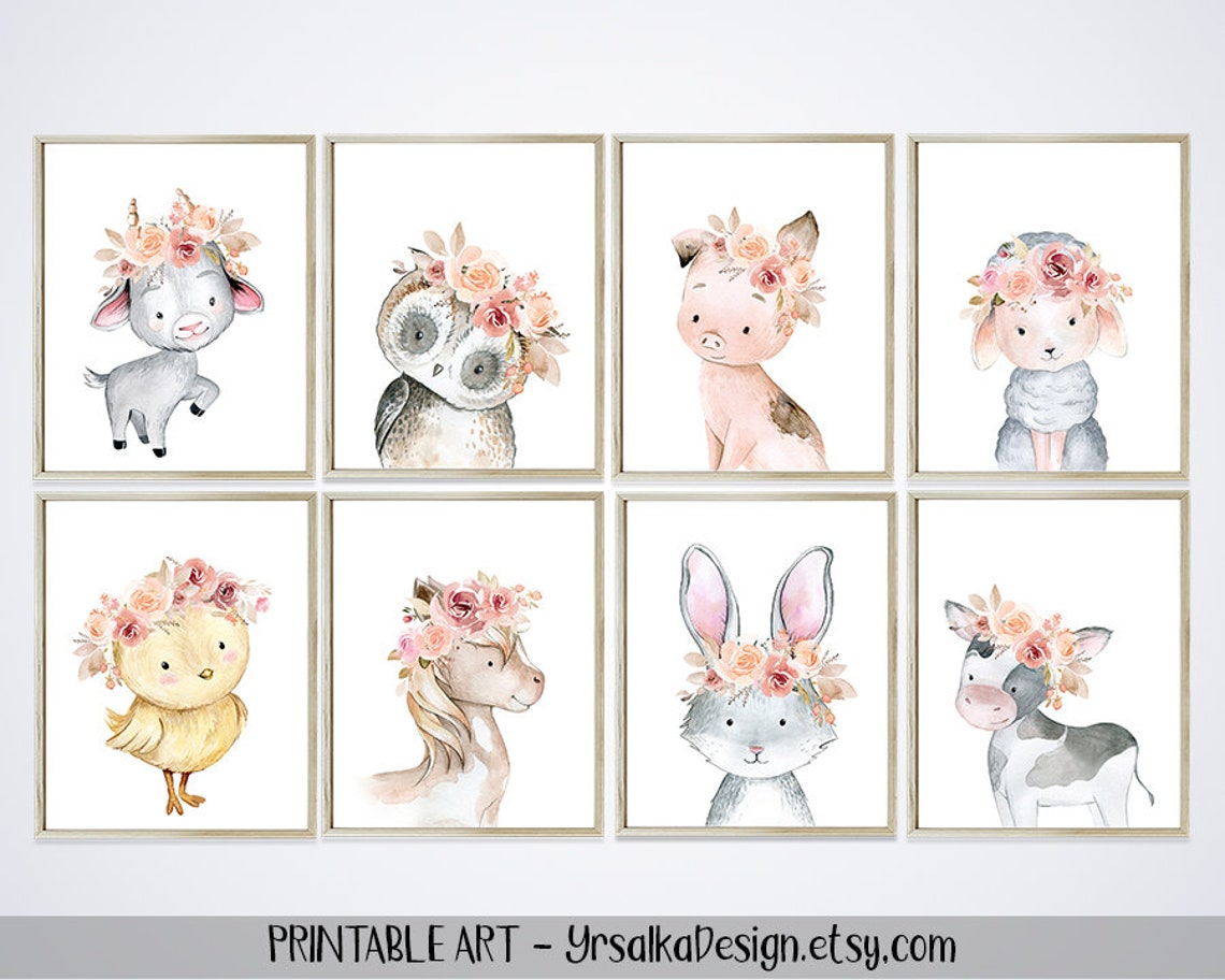 Baby Farm Animal Prints set 4 Floral Farmhouse Girl Nursery Etsy