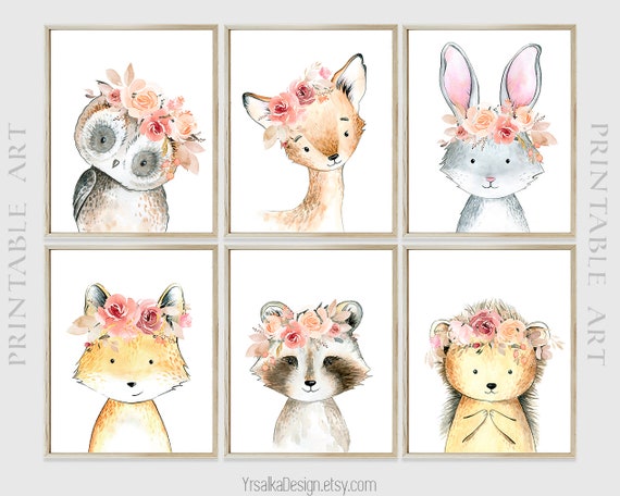 Woodland Animals Boho Nursery Decor Girl Printable Forest Animal Art Floral Print Fox Bunny Deer Owl Wall Art Set 6 Instant Download