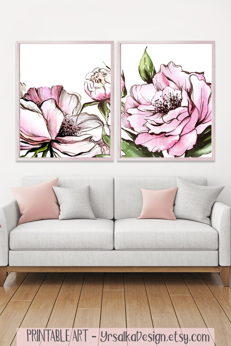 Peony Print Watercolor Living Room Decor Large Watercolor | Etsy