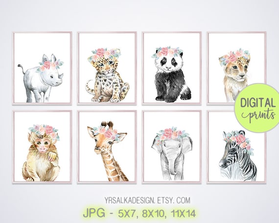 Nursery wall decor, Crown animal prints, floral safari art, Digital print set 8, watercolor prints, 5x7 8x10 11x14 Printable