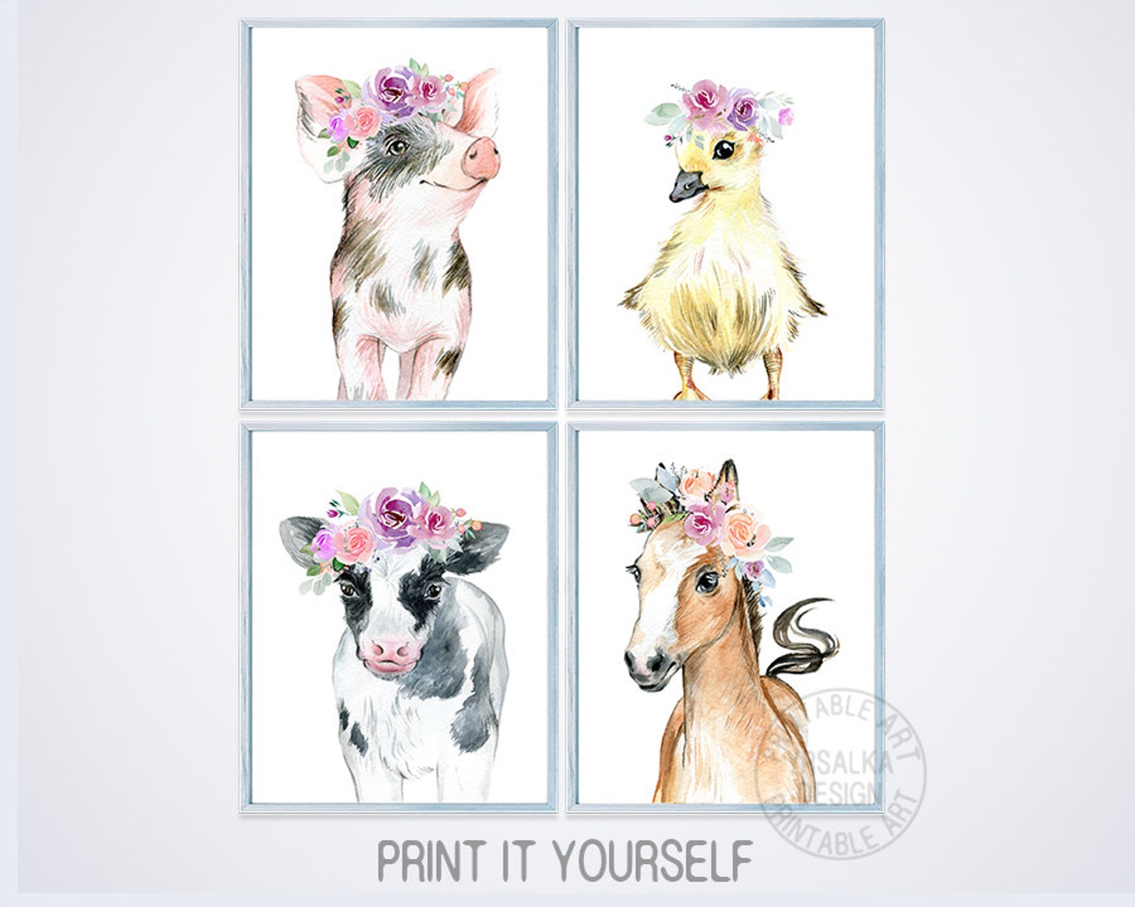Farm animals with flower crown baby animal print set of 3 Etsy