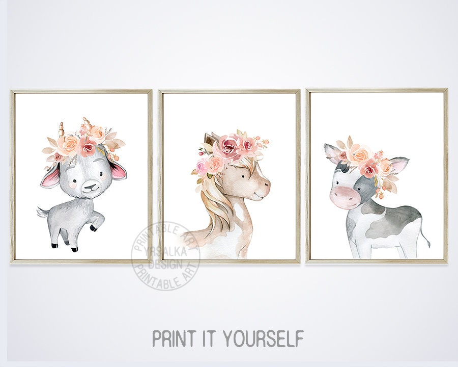 Baby Farm Animal Prints set 4 Floral Farmhouse Girl Nursery Etsy
