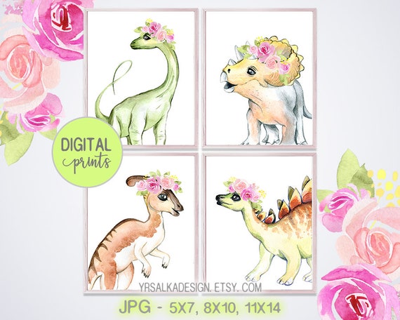 Nursery wall art, Dinosaurs prints, Baby dino girl decor, Pink Blush floral, Crown animal prints, 5x7 8x10 11x14 Printable art