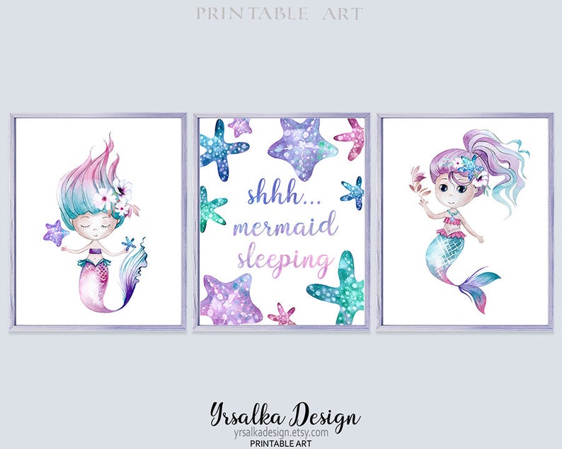 Mermaid Wall Art Kids Bathroom Decor Mermaid Nursery Decor Etsy