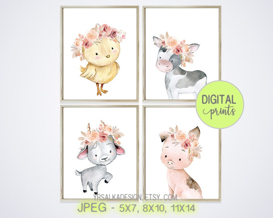 Baby Farm Animal Prints set 4 Floral Farmhouse Girl Nursery Etsy