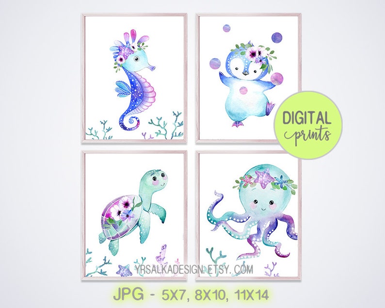 seahorse Girl nursery decor ocean sea animals Digital download Sea turtle Under the sea art octopus penguin Baby girl prints