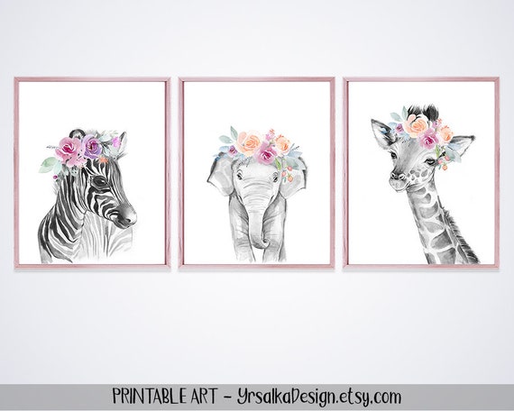 Black White Jungle Animals Girl Nursery Wall Art Zebra Etsy