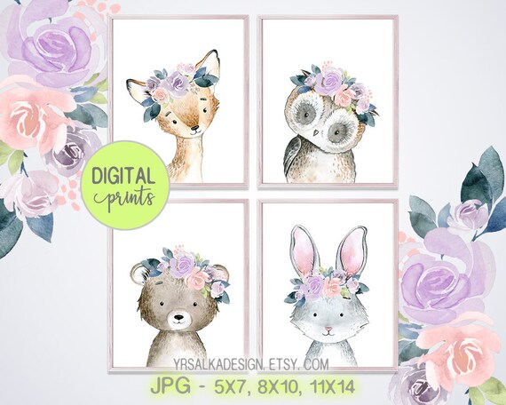 Woodland Creatures, Floral Animals, Nursery Wall art, Forest Friends art, Watercolor Prints 5x7 8x10 11x14 Instant download