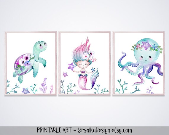 Girl Nursery Wall Decor Mermaid Art Print Set 3 Under The Sea Etsy