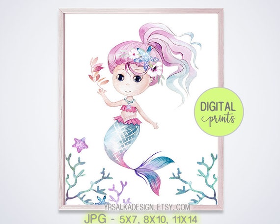 Mermaid Wall Art Under The Sea Girl Bedroom Kids Bathroom Decor Ocean Nursery Art Girl Nursery Decor Printable Wall Art