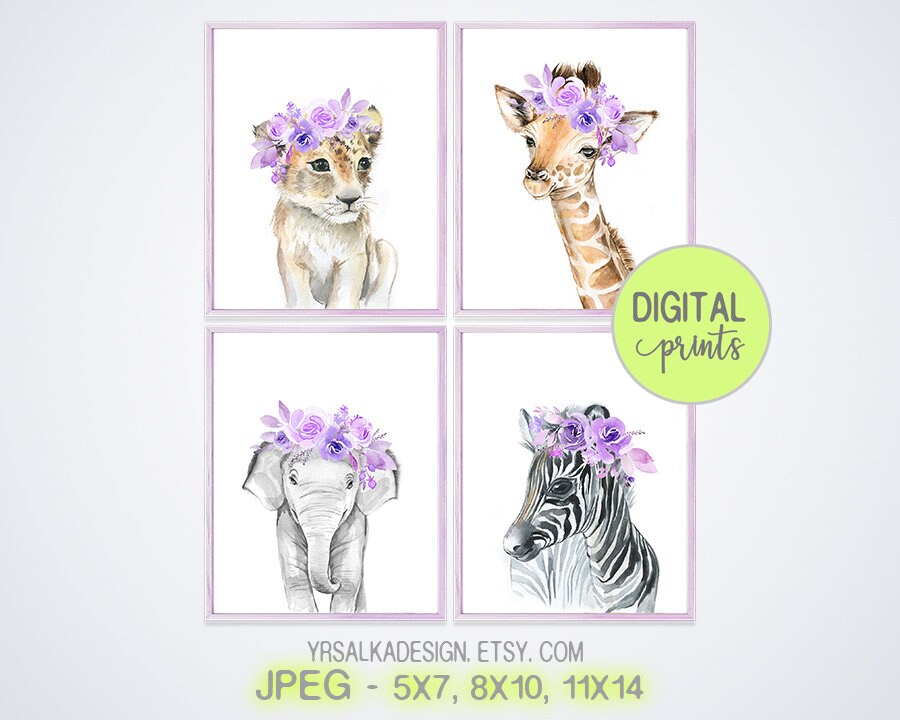 Nursery animals print set 4, Purple lilac flowers, Safari animals, Baby girl gift, Baby shower gift, Nursery decor, Nursery wall art