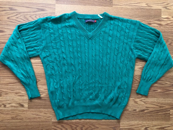 Vintage Emerald Green Cotton Cable Knit Sweater b… - image 1