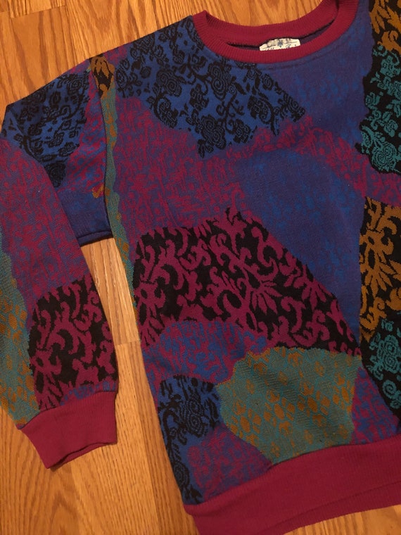 Jazzy 1980s Patchwork Pattern Knit Sweatshirt || … - image 1