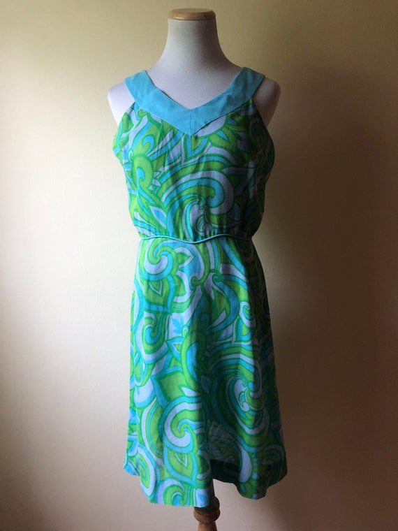 Dreamiest Mod 1960's Mini Dress in Blue and Green… - image 2