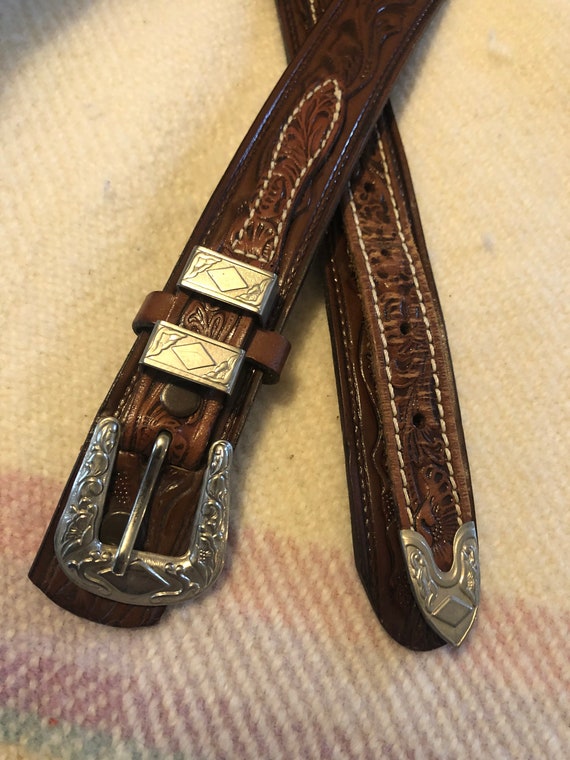 Western Tooled Leather Belt with Metalwork Detail… - image 2