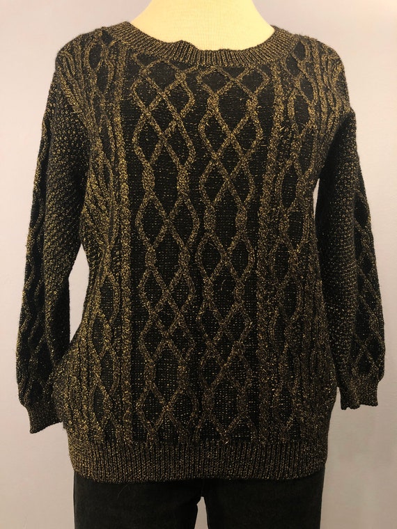 1980's Metallic Merino Wool Cable Knit Sweater ||… - image 2