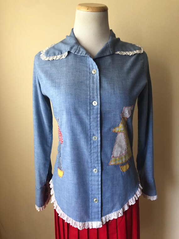 1960's Chambray Appliqué Button-Up by Yum Yum wit… - image 4