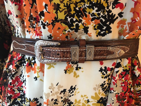 Western Tooled Leather Belt with Metalwork Detail… - image 1