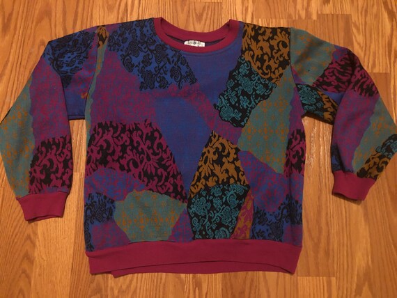 Jazzy 1980s Patchwork Pattern Knit Sweatshirt || … - image 2