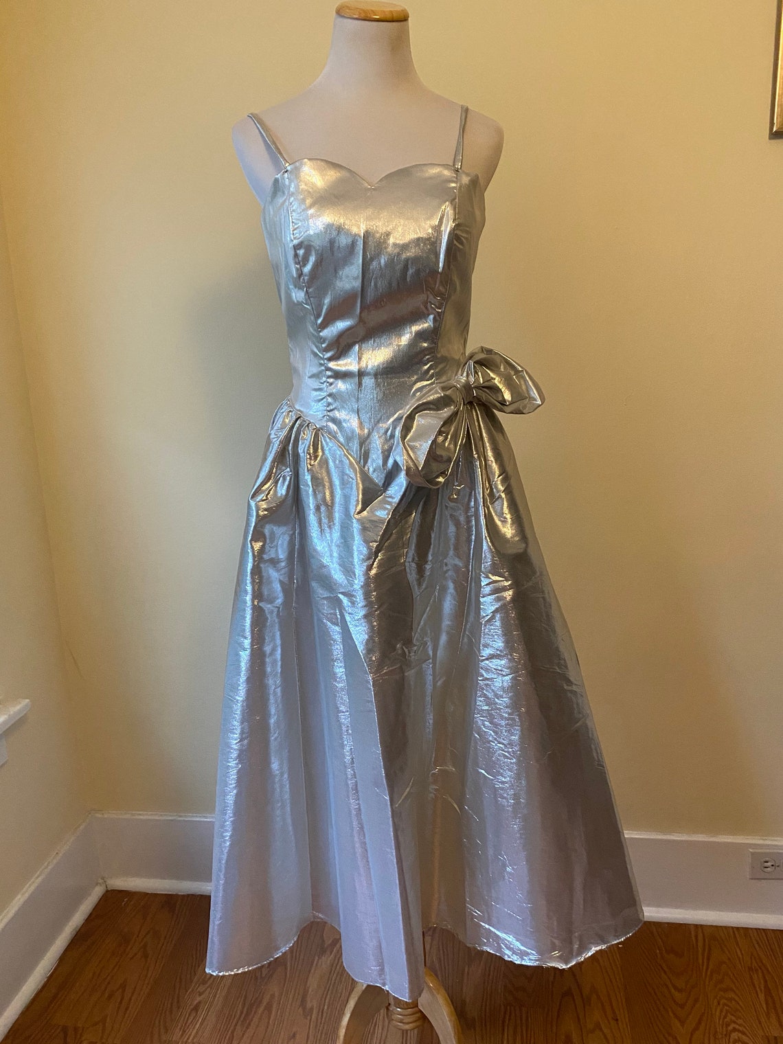 70's Silver Lamé Party Dress With Bow Detail XS to Etsy