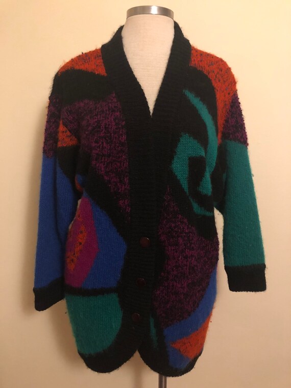 90s Crazy Print Cardigan| Vintage Women's Maximalist Winter Sweater in Black and Red