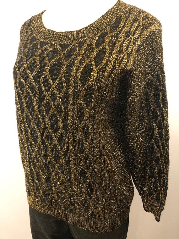 1980's Metallic Merino Wool Cable Knit Sweater ||… - image 1