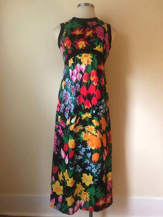 1970's Rainbow Floral Diva Maxi Dress || Size 16 |