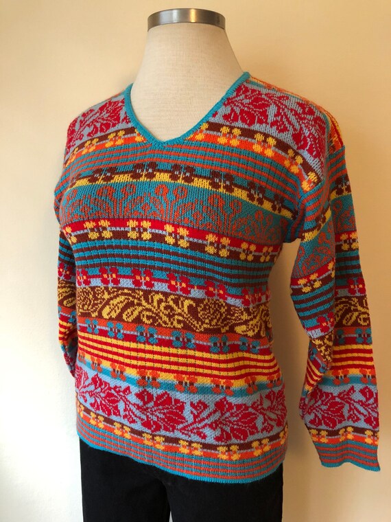 Unique Vintage Floral Stripe Knit Sweater || Larg… - image 4