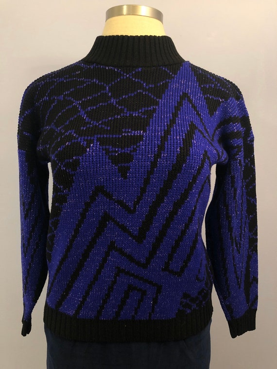 1980s Purple Metallic Geometric Abstract Knit Swe… - image 4